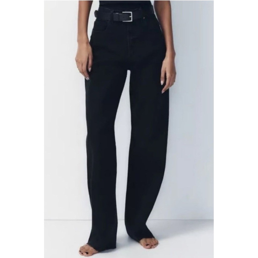 Zara Black 100% Cotton Rigid Denim Curved Horse Shoe Wide Leg Jeans Size 4